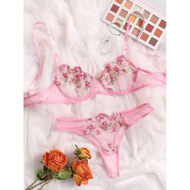 Sweet Sexy Floral Embroidery Low Waist Lace Transparent Sexy Lingerie Set 2-Piece Womens Lace Underwear_ecoleips.com
