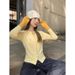 Goose Yellow Unique Patchwork Knit Cardigan Women, New Slim Fit Slimming Sweet Spicy Stunning Long Sleeve Coat For_ecoleips.com