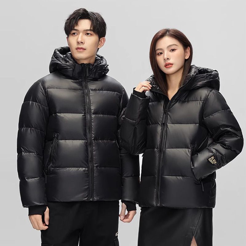 Women's Black Gold Short Puffer Jacket With Hood, Winter Thickened Warm Coat For Cold Weather, Unisex Casual Outerwear_ecoleips.com