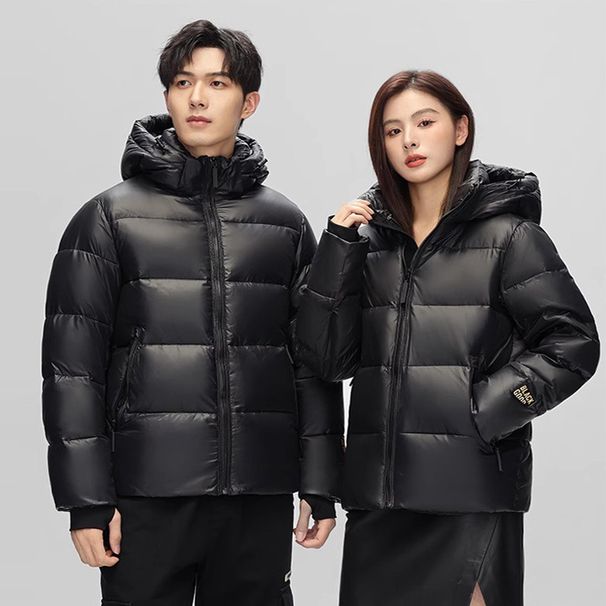 Women's Black Gold Short Puffer Jacket With Hood, Winter Thickened Warm Coat For Cold Weather, Unisex Casual Outerwear_ecoleips.com