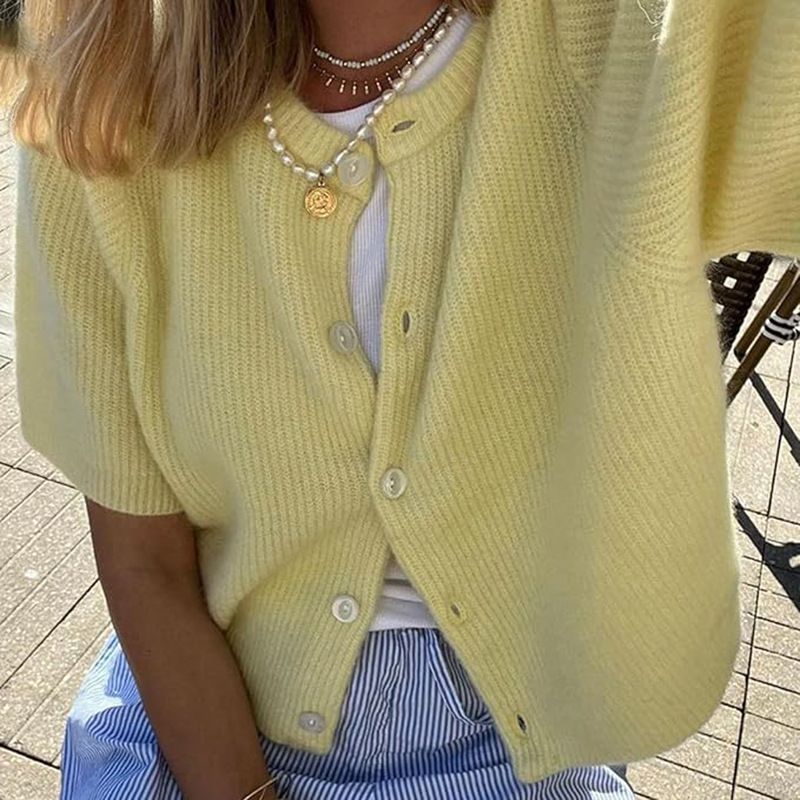 Women's Clothing Women's New Short Sleeved Knitted Cardigan Solid Color Half Open Collar Button Sweater Women's Clothing Ladies Casual Cardigan_ecoleips.com