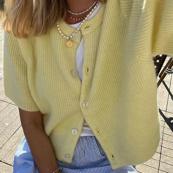 Women's Clothing Women's New Short Sleeved Knitted Cardigan Solid Color Half Open Collar Button Sweater Women's Clothing Ladies Casual Cardigan_ecoleips.com