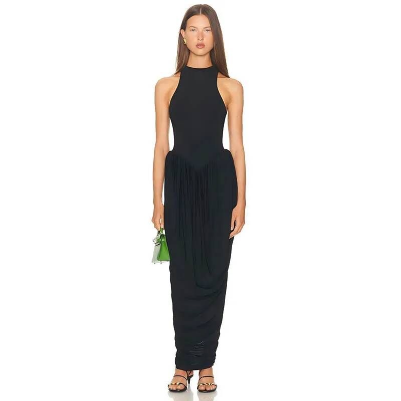 Blifanbo Pleated Elegant O Neck Maxi Dress For Women Off-shoulder Fashion Slim Fit Sleeveless Patchwork Sexy Club Party Dress_ecoleips.com