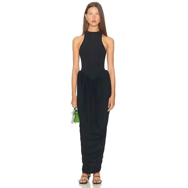 Blifanbo Pleated Elegant O Neck Maxi Dress For Women Off-shoulder Fashion Slim Fit Sleeveless Patchwork Sexy Club Party Dress_ecoleips.com