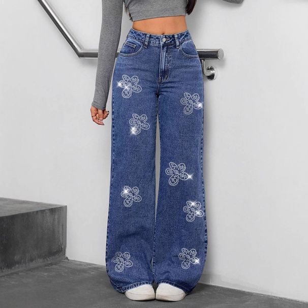 Women High Waist Wide Leg Jeans, Floral Rhinestone Embellished Loose Denim Trousers For Daily Streetwear_ecoleips.com