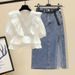 Plus Size Women's Summer Outfit Set: V-Neck Blouse & High-Waist Denim Skirt For Curvy Ladies_ecoleips.com