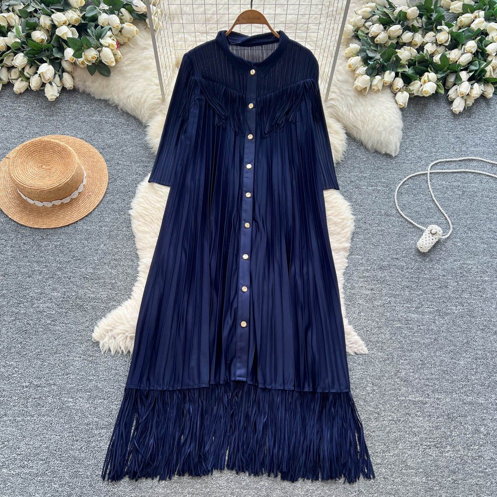 Elegant A-Line Long Sleeved Shirt Dress For Women With Tassel Design Slimming V-Neck Commuting Friendly High-End Style_ecoleips.com