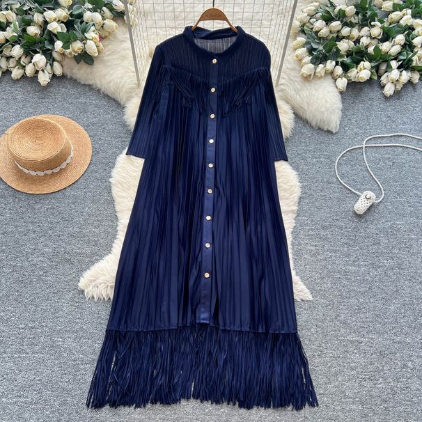 Elegant A-Line Long Sleeved Shirt Dress For Women With Tassel Design Slimming V-Neck Commuting Friendly High-End Style_ecoleips.com