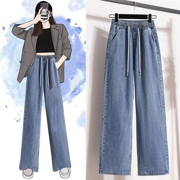 Plus-size Women's Elastic Waist Jeans, Mid-rise, Slimming, Thin Straight-leg Pants, Loose And Versatile Wide-leg Pants_ecoleips.com