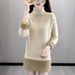 "High-Neck Thermal Dress – Fleece-Lined Knit Sweater Tunic (Black/Beige/Khaki)"_ecoleips.com