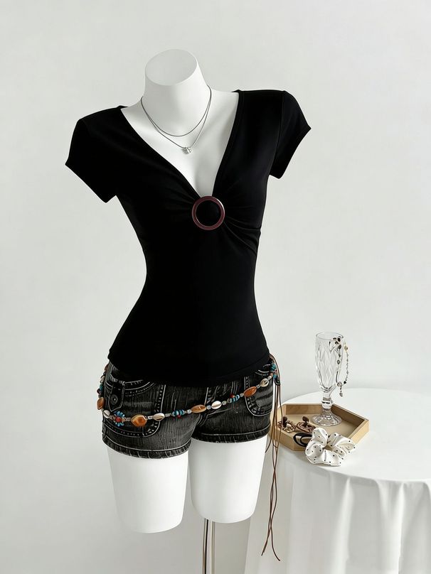 2026 Summer New Women's Wear V Neck Button Up Short Sleeved Top, Stylish, Elegant And Comfortable_ecoleips.com