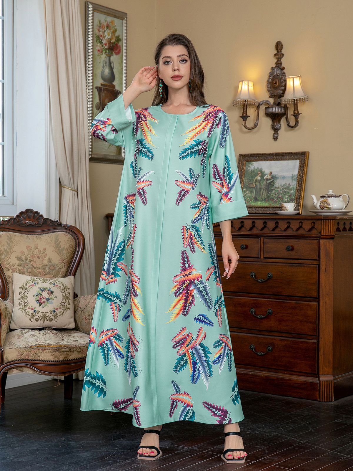 ZD017 Saudi Muslim Women's Robe Middle Eastern Printed Rhinestone Beaded Ethnic Style Long Sleeve Dress_ecoleips.com