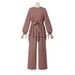 H730 Muslim Women's Solid Color Drawstring Tie Two-Piece Set Round Neck Top Wide-Leg Pants Elegant Ladies Suit_ecoleips.com
