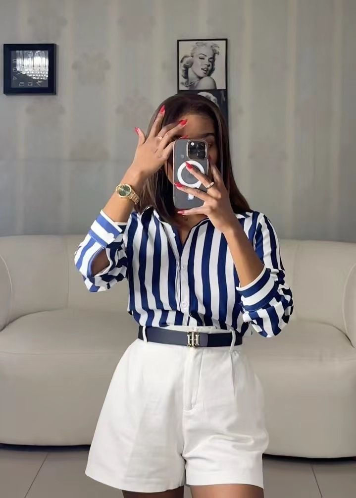 Classic Blue Striped Shirt For Women Long Sleeve Versatile Top For Casual & Office Wear Spring/Autumn Summer Polyester Regular Fit_ecoleips.com