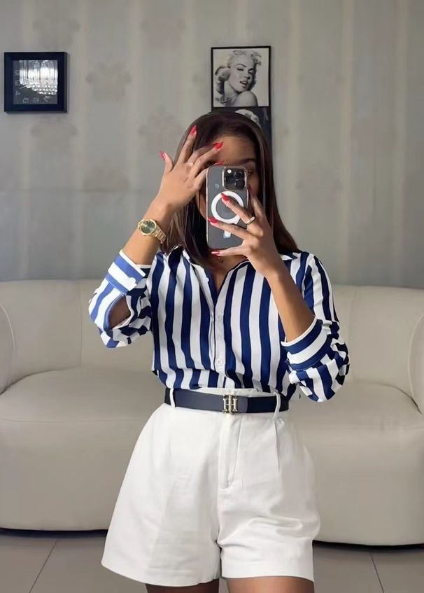 Classic Blue Striped Shirt For Women Long Sleeve Versatile Top For Casual & Office Wear Spring/Autumn Summer Polyester Regular Fit_ecoleips.com