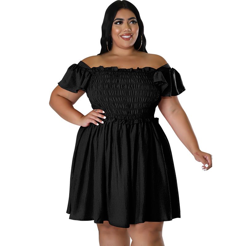Women's Clothing Off-Shoulder Short Sleeve Midi Dress With Diamond Jacquard, Flowy Swing Dress In Waffle Texture_ecoleips.com