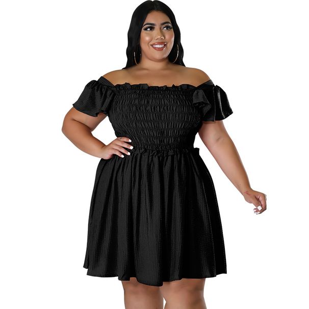 Women's Clothing Off-Shoulder Short Sleeve Midi Dress With Diamond Jacquard, Flowy Swing Dress In Waffle Texture_ecoleips.com