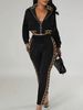 Women's Clothing Spring And Autumn Fashion Casual Suit Navel Baring Zipper Top Pattern Pattern Splicing Pants Two Piece Set For Women_ecoleips.com