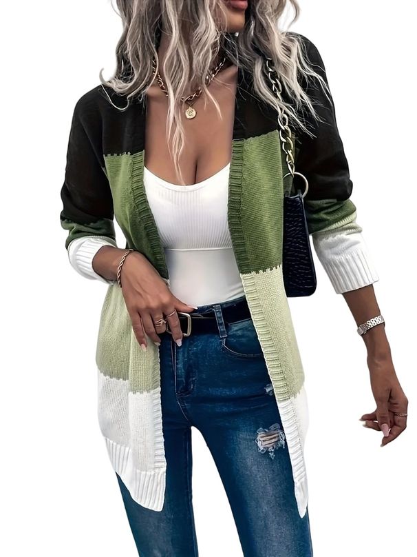 Autumn And Winter Design Mid-Length Knitted Cardigan Contrast Patchwork Sweater Jacket_ecoleips.com