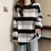 Autumn Women's Loose-Fitting Slimming T-Shirts, Oversized Striped Long-Sleeved Thin Retro Sweatshirts For Wholesale_ecoleips.com