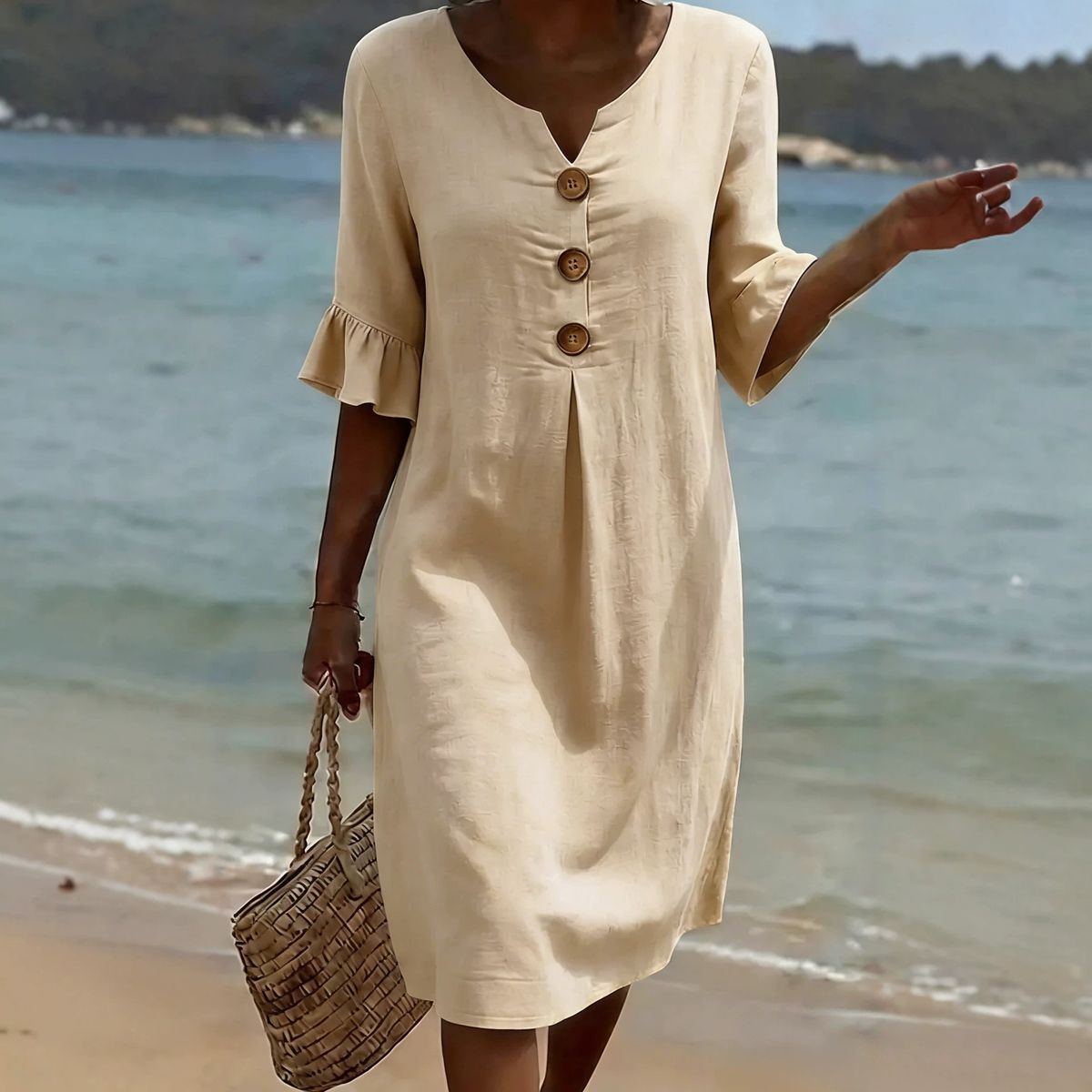 Summer Women's Solid Color Casual Short Sleeve Dress Button Detail Thin Material Elegant Fashion For American Sites_ecoleips.com