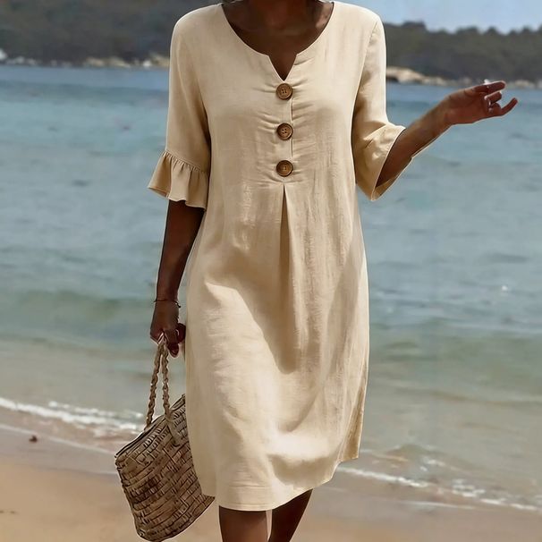 Summer Women's Solid Color Casual Short Sleeve Dress Button Detail Thin Material Elegant Fashion For American Sites_ecoleips.com