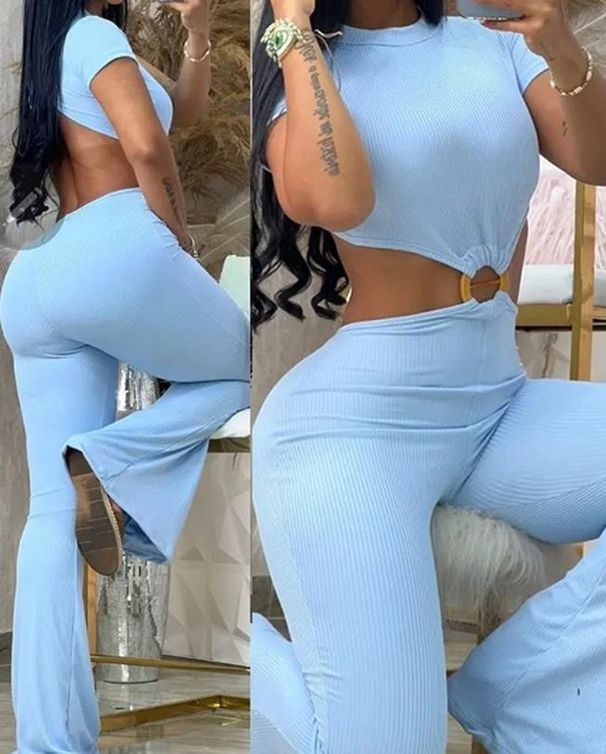 Women's Clothing Autumn Sexy Round Neck Backless Slim Fit Butt Lift Solid Color Bootcut Jumpsuit Sportswear_ecoleips.com