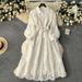 Palace Style Dress For Women New Heavy Industry Embroidery Hollow Flower Breasted Slim Mid Length Puff Sleeve Dress_ecoleips.com