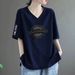 Women's Short Sleeve T-Shirts V Neck Printed Loose Fit Plus Size Casual Stylish Top For Middle-Aged_ecoleips.com