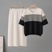 Women's Striped V-Neck T-Shirt And Skirt Set Short-Sleeved Knit Two-Piece Casual Fashion Outfit for Summer_ecoleips.com