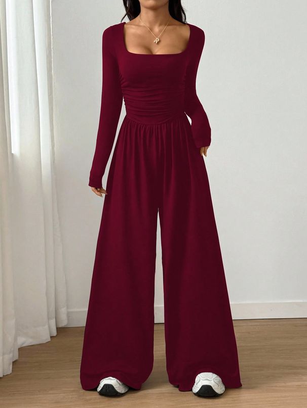 Women's Long Sleeve Square Neck Jumpsuit Casual Wide Leg Slim Fit Solid Color Fashionable_ecoleips.com