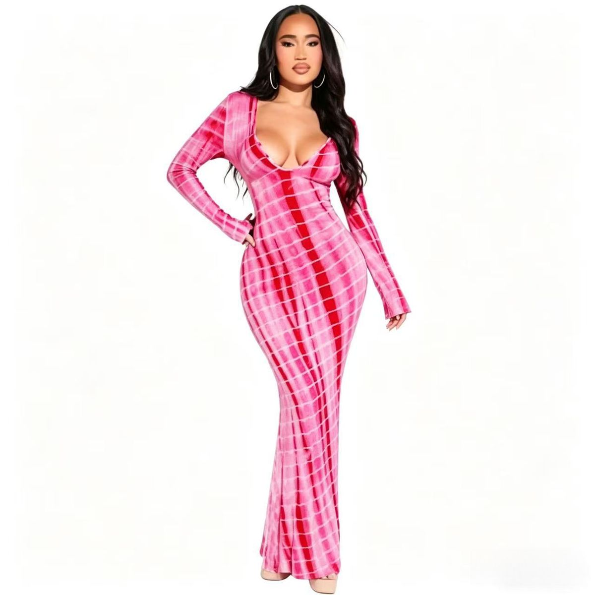 Fashion Women's Color Block Loose Fitting Bodycon Dress American Style Printed Casual V Neck Long Sleeve Dress_ecoleips.com