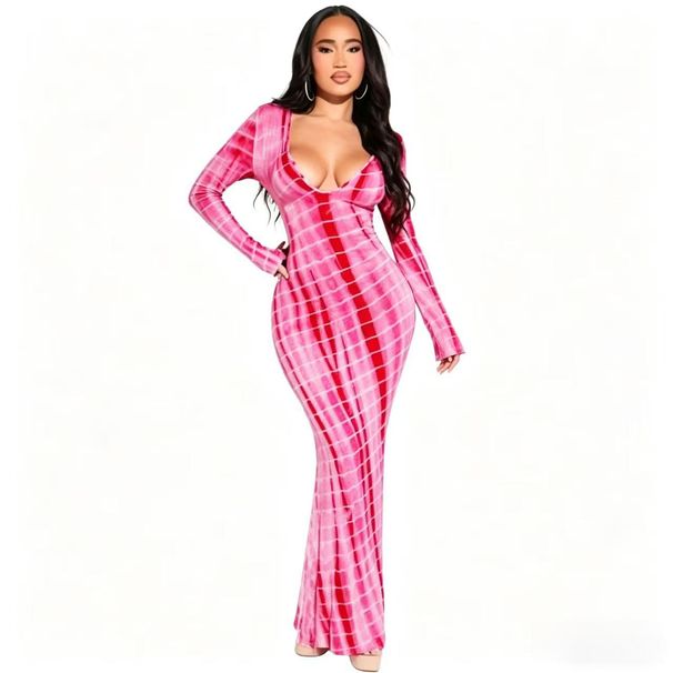 Fashion Women's Color Block Loose Fitting Bodycon Dress American Style Printed Casual V Neck Long Sleeve Dress_ecoleips.com
