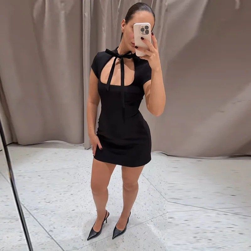 Women's Sexy Tie Front Short Sleeve Polka Dot Slim Fit Mini Dress – Spring Summer Party Gown 2026_ecoleips.com