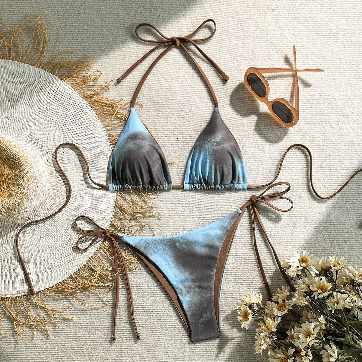 European American Style Women's Solid Color Swimsuit Halter Neck Strap Two Piece Sexy Summer Bikini Set_ecoleips.com