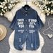 Vintage Denim Shirt For Women - Retro BF Style Casual Oversized Shirt With Asymmetrical Letter Print, Summer Fashion_ecoleips.com
