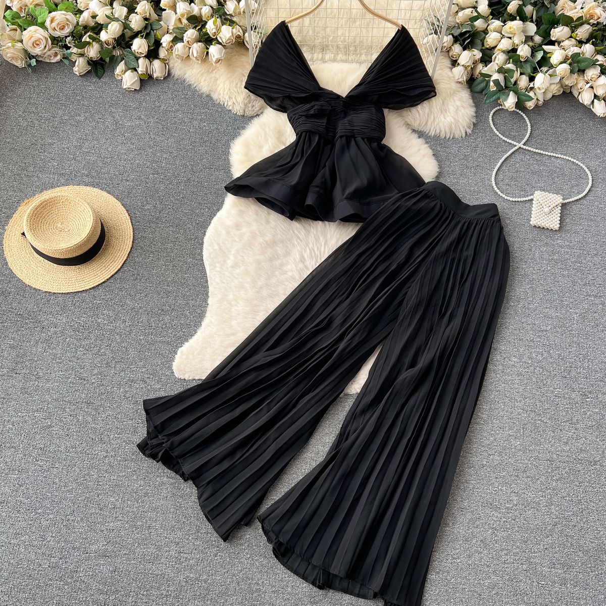 Women's Clothing High End Elegant Fashion Suit For Women Summer Pleated Sleeveless Chiffon Top High Waisted Wide Leg Trousers Two Piece Trendy Set_ecoleips.com