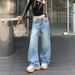 Women's Light Blue Rhinestone Jeans Spring New Arrival Heavy Duty Loose Fit Straight Leg Wide Leg Casual Fashion Office Lady Pants_ecoleips.com