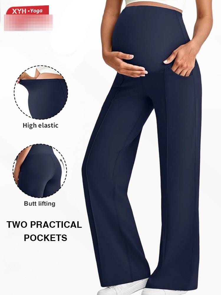 High Waist Maternity Pants Women's With Pockets Supportive Belly Wide Leg Breathable Straight Leg High Elasticity_ecoleips.com