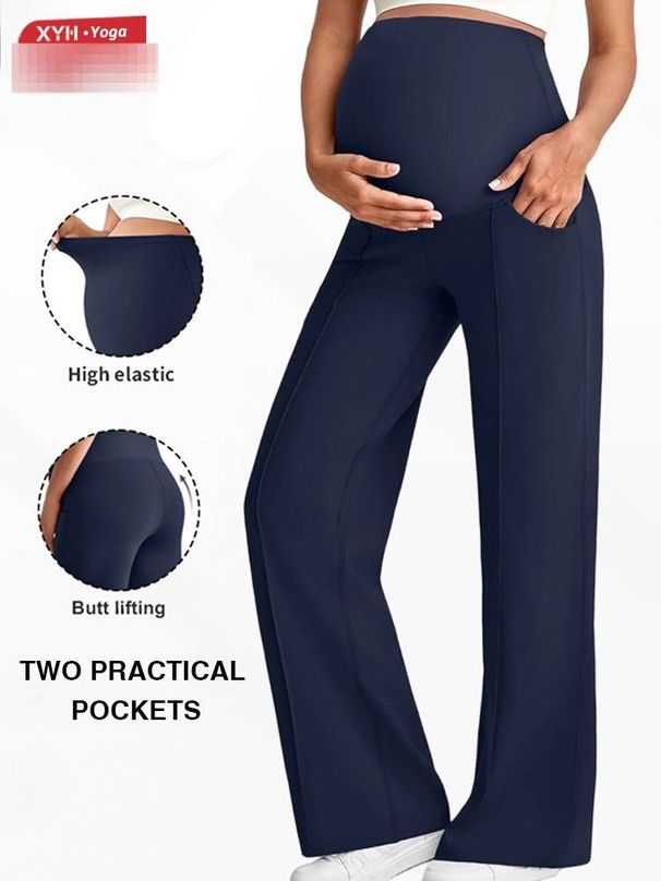High Waist Maternity Pants Women's With Pockets Supportive Belly Wide Leg Breathable Straight Leg High Elasticity_ecoleips.com