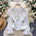 Elegant Lace Trimmed Peter Pan Collar Flared Sleeve Top French Style Single Breasted Slimming Long Sleeved Shirt For Women_ecoleips.com