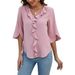 2026 Summer European American Women V Neck Ruffle 3/4 Sleeve Casual Fashion Shirt_ecoleips.com