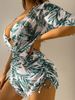 Women's Clothing Leaf Print Three Piece Bikini Set Swimwear Long Sleeved Waist Cinching Tie Beach Sun Protection_ecoleips.com