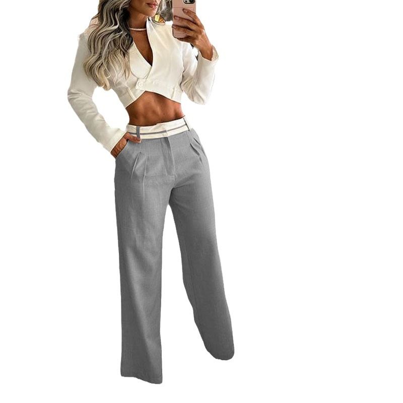 Women's Clothing new summer sexy V-neck exposed waist long-sleeved high-waisted straight pants suit_ecoleips.com