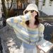Korean-style Striped Short Hollow-out Long-sleeve Knit Top, Sun Protection Cover-up For Women, 2026 New Design Top With_ecoleips.com