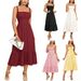 New Summer Fashion Women's Dresses Solid Square Neck Cami Ruched Corset Waist Midi A-Line Skirts Elegant Summer Party Dress Y2K_ecoleips.com