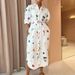 Voya Recommend! Women's Elegant French Fashion Casual Print Lapel Waist Cinched Lace Up Dress White_ecoleips.com