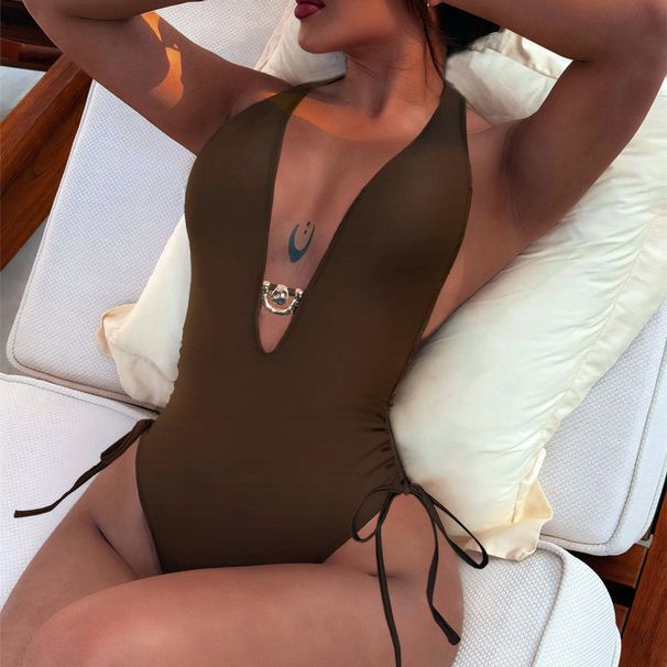 Women's Clothing Solid Color High Waist Triangle One Piece Swimsuit Women's Beach Spa V Neck Bikini Lace Up European And American Style_ecoleips.com