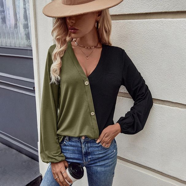 Voya Women's Clothing European And American Clothing 2026 Loose Casual Pocket Patchwork Color-blocking Long-sleeve Women's_ecoleips.com