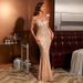 Champagne One-Shoulder Sequin Evening Gown – Elegant Mermaid Tail Dress With High Waist & Crystal Beading (S-XL, Glamorous Partywear)_ecoleips.com